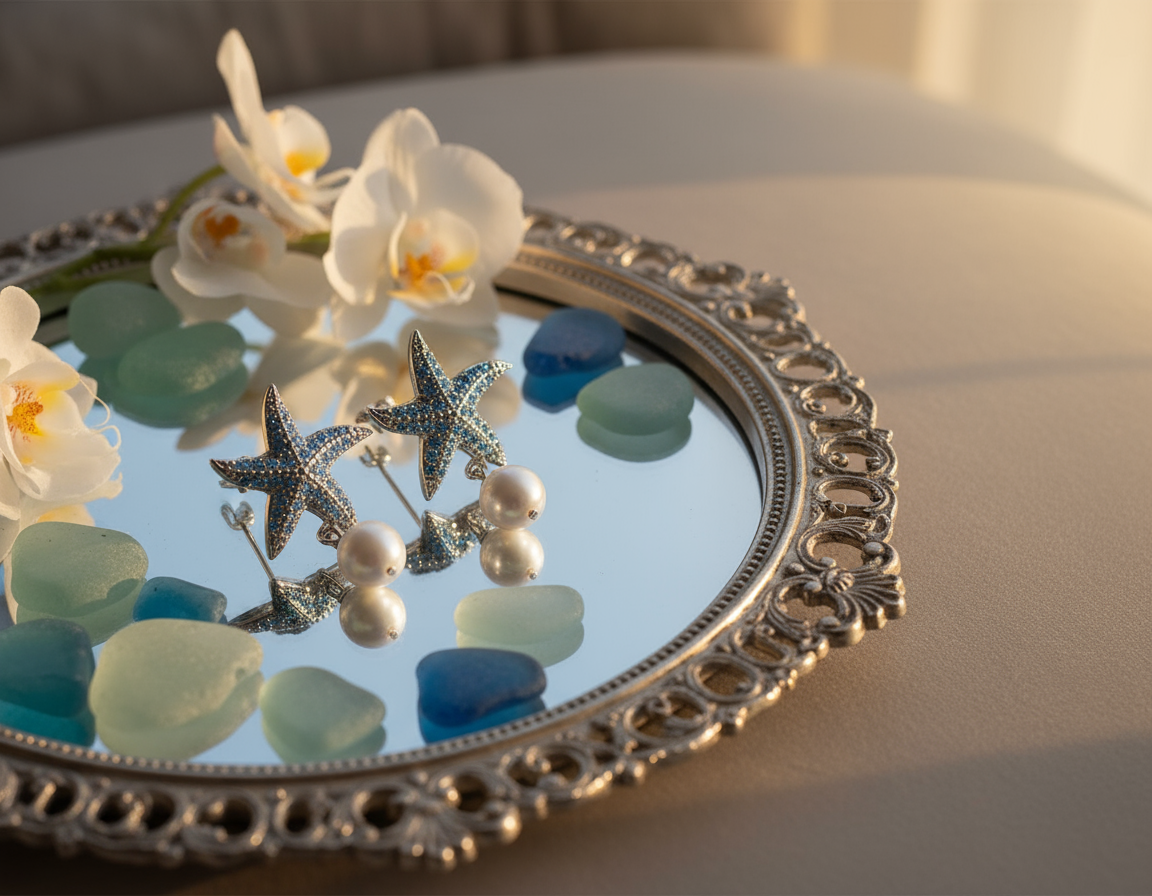 Ocean Starfish Pearl Earrings – 925 Sterling Silver, Platinum-Plated, Blue Zircon & Pearl Accents - Eterna