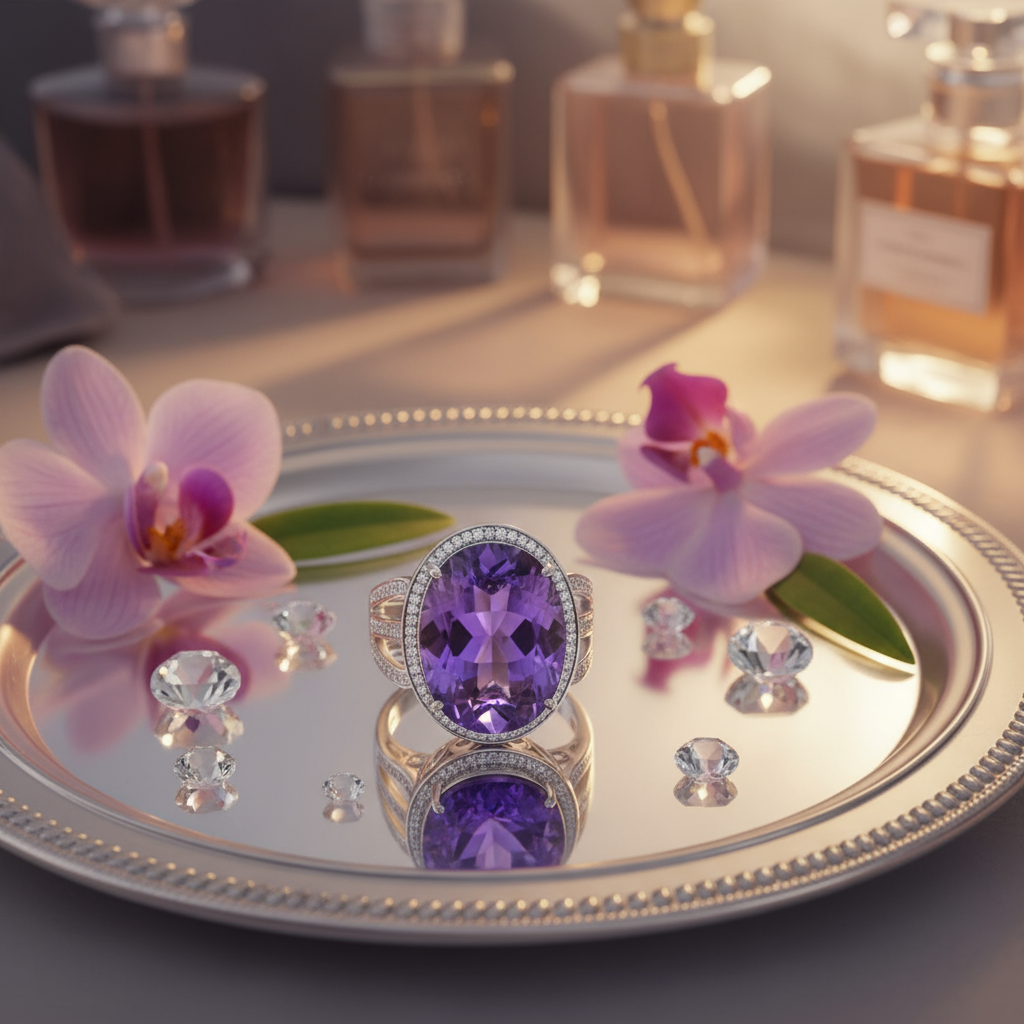 Grand Oval Amethyst Halo Ring in Sterling Silver - Eterna