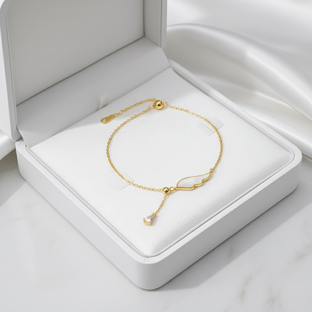 Fine S925 Sterling Silver Link Chain Bracelet – Light Beads, White Shell, Wings & Tassel, Silver or Gold Finish - Eterna