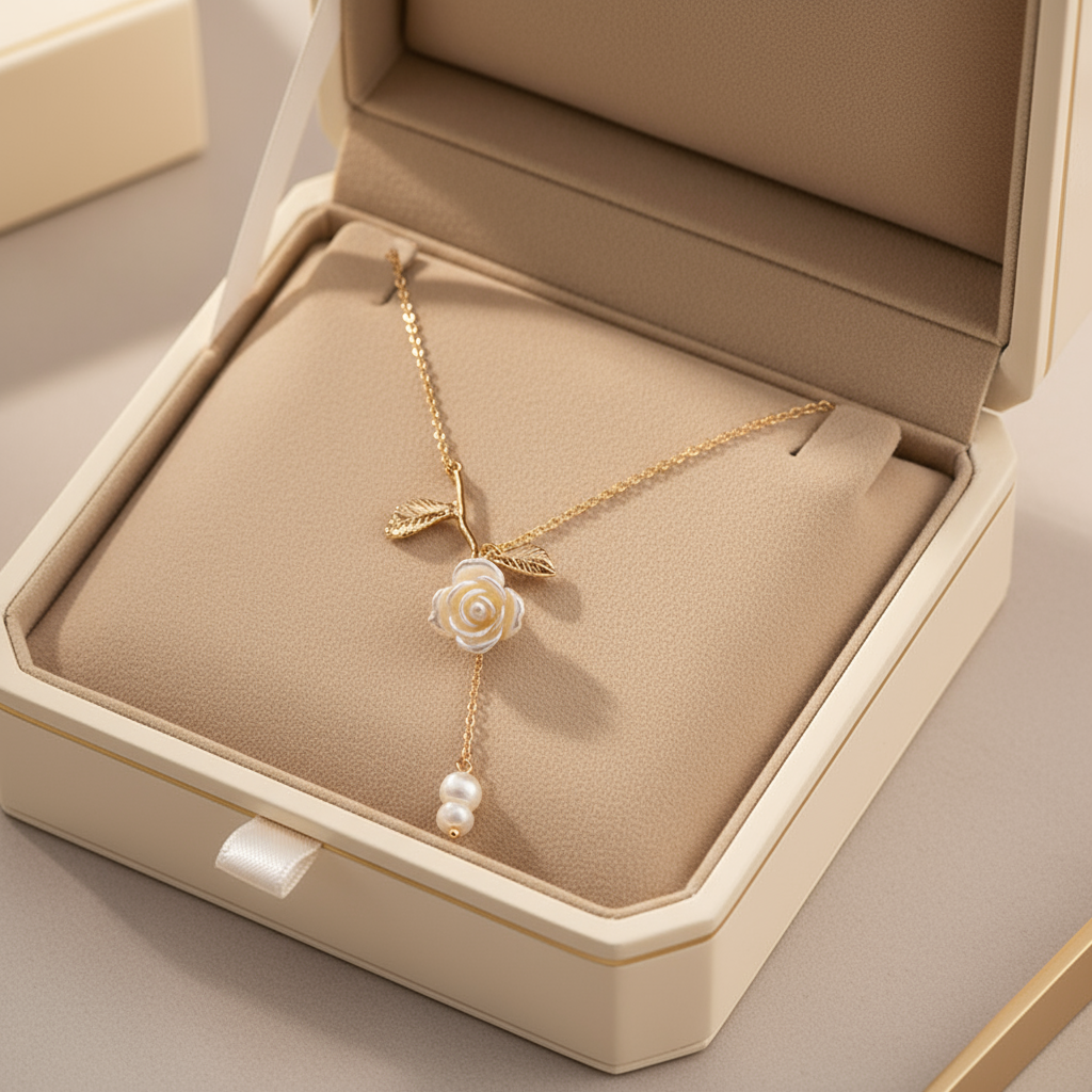 French Vintage Rose Flower Necklace – Gold-Plated 925 Silver, Resin & Shell, Romantic Boutique Style - Eterna