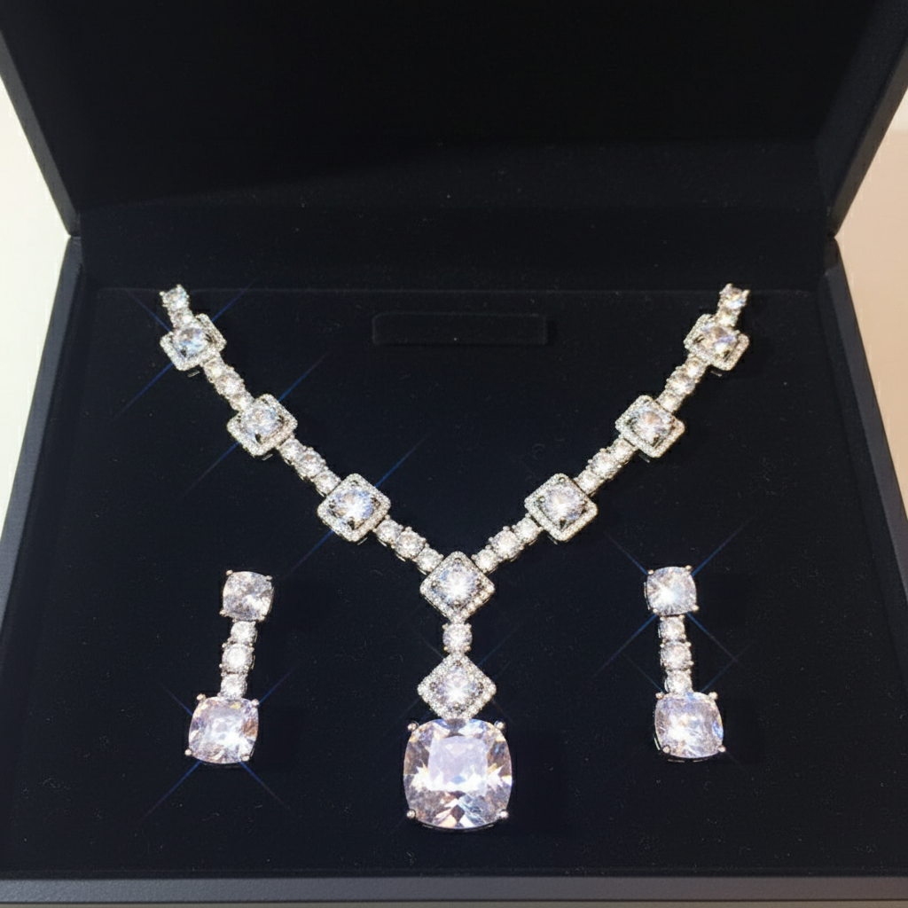 Bridal Necklace & Earrings Set – Sparkling Zircon Stones, Elegant Wedding Jewelry - Eterna