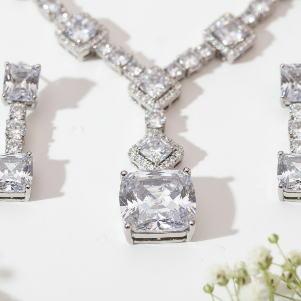 Bridal Necklace & Earrings Set – Sparkling Zircon Stones, Elegant Wedding Jewelry - Eterna