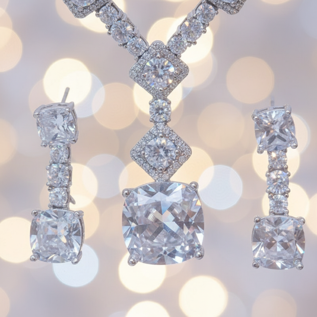 Bridal Necklace & Earrings Set – Sparkling Zircon Stones, Elegant Wedding Jewelry - Eterna