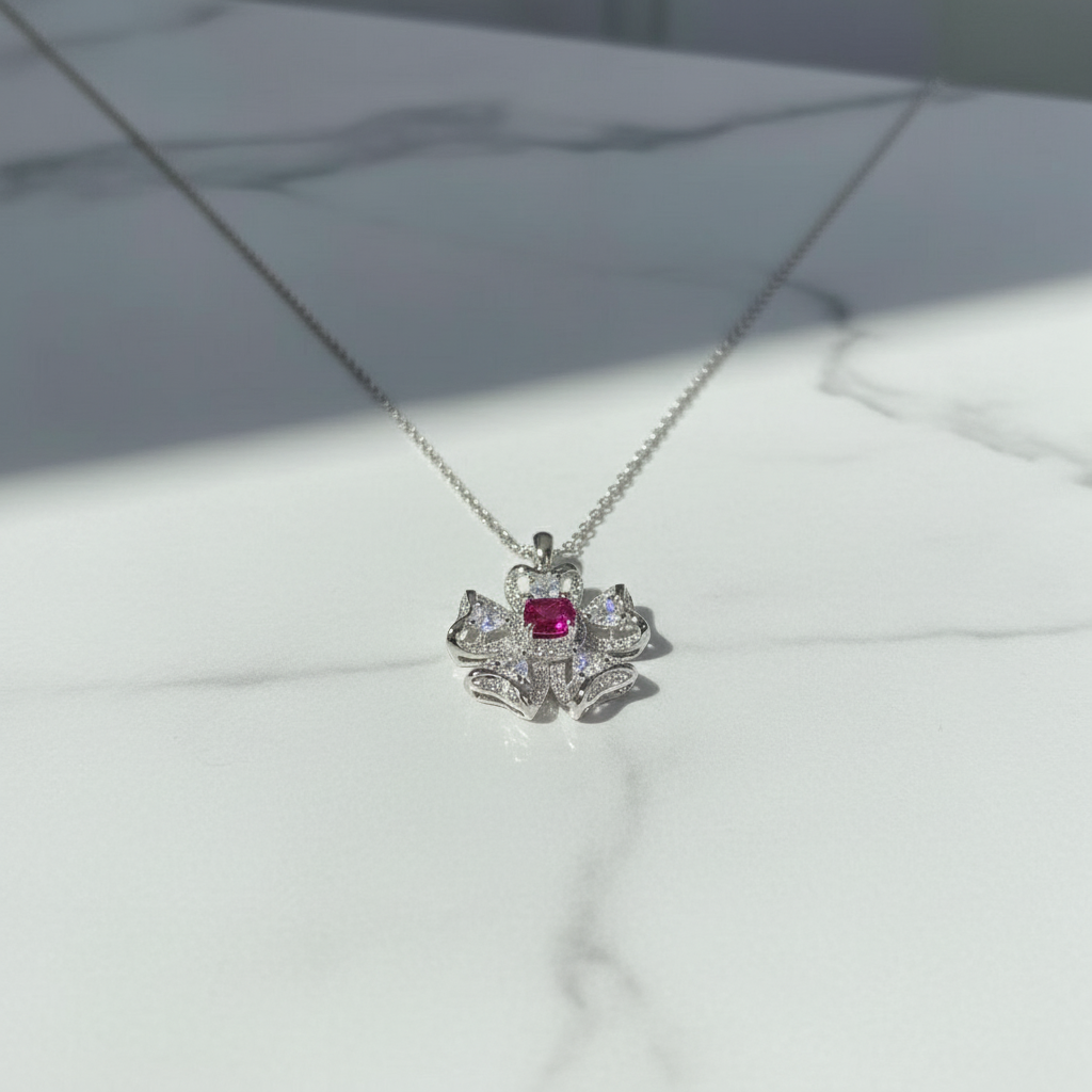 Red Square Pendant Necklace – Sterling Silver, Synthetic Ruby, Minimalist Classic - Eterna