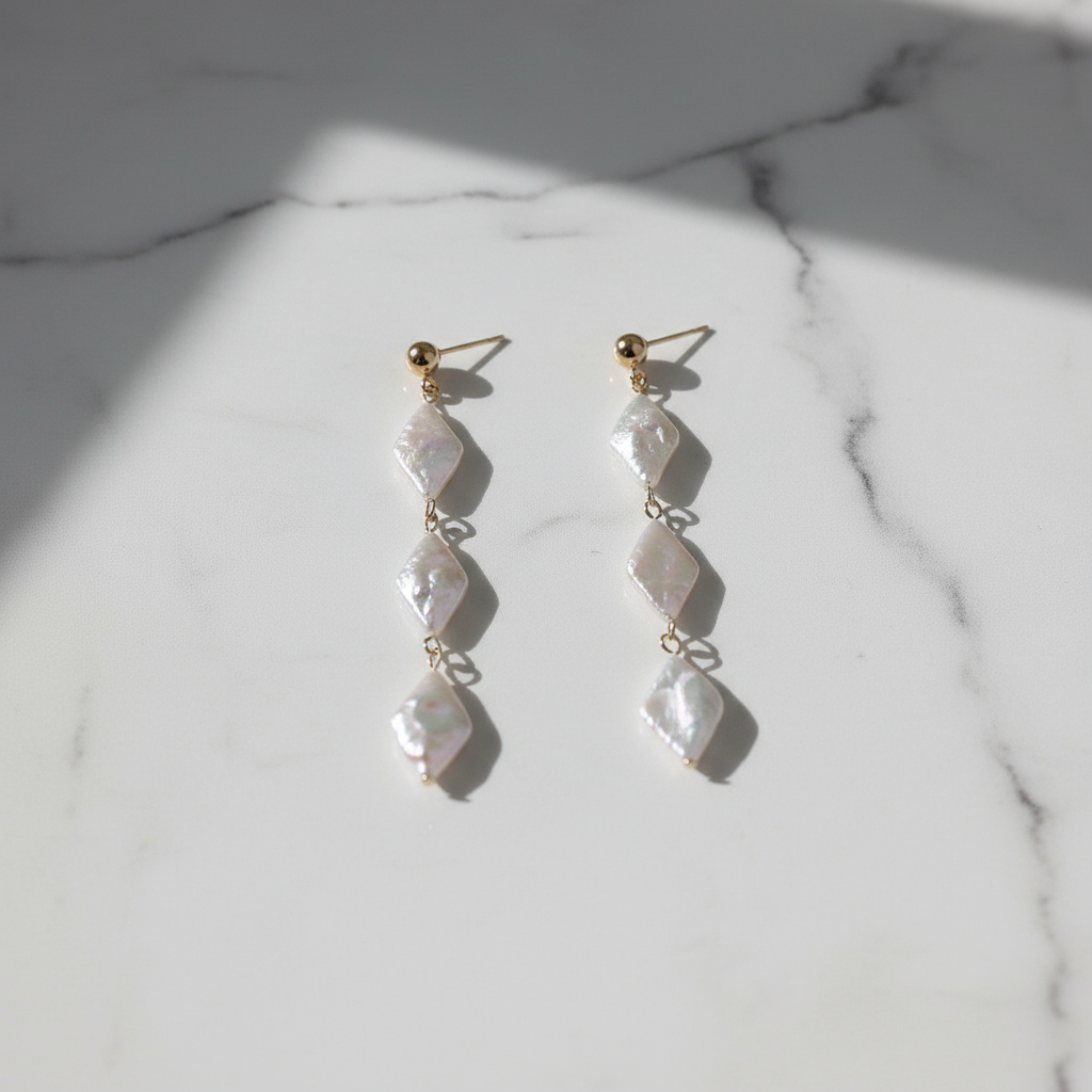 Natural Baroque Pearl Rhombus Earrings – Mother of Pearl, Statement 6cm, Pierced & Non-Pierced Options - Eterna