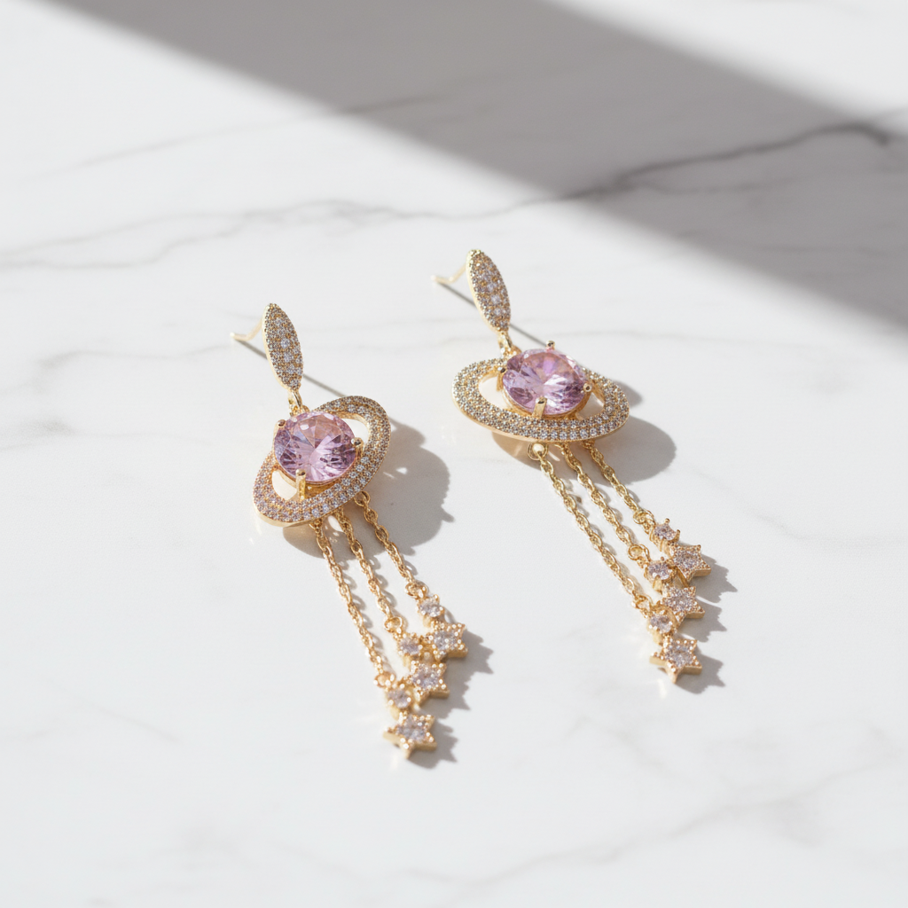 Exquisite Saturn Long Earrings – Celestial Universe Design, White Stones, Alloy, Multiple Styles - Eterna