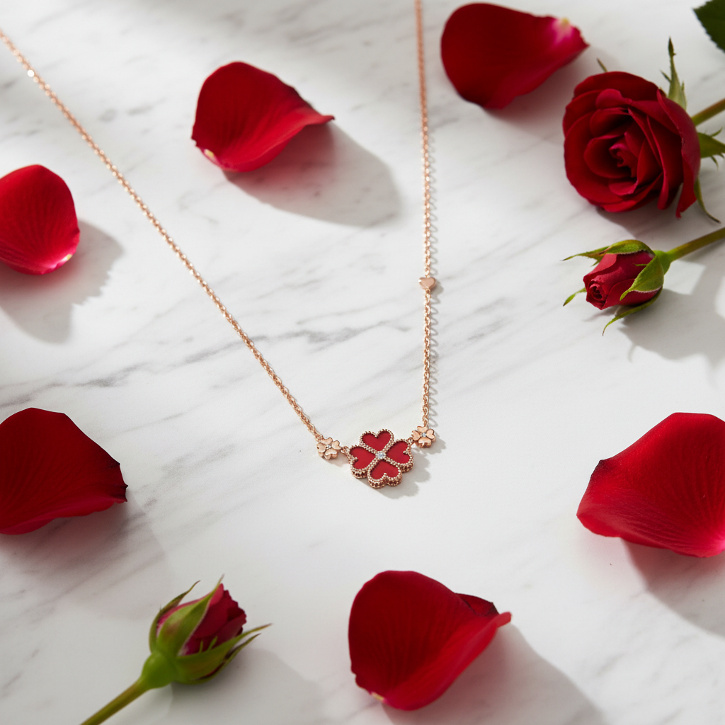 Red Turquoise Clover Necklace – Rose Gold Plated Alloy, Adjustable Cross Chain, Luxury Statement - Eterna
