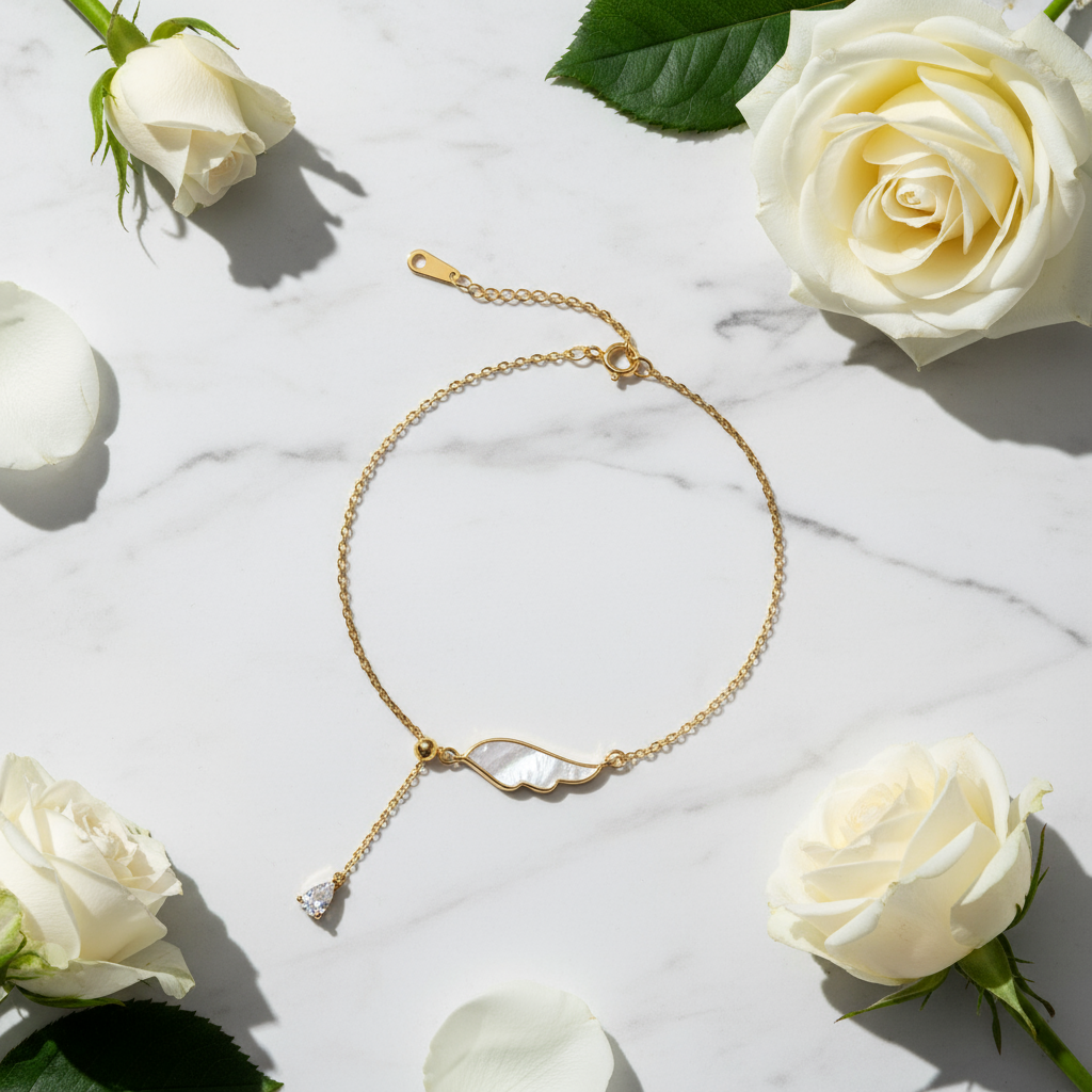 Fine S925 Sterling Silver Link Chain Bracelet – Light Beads, White Shell, Wings & Tassel, Silver or Gold Finish - Eterna