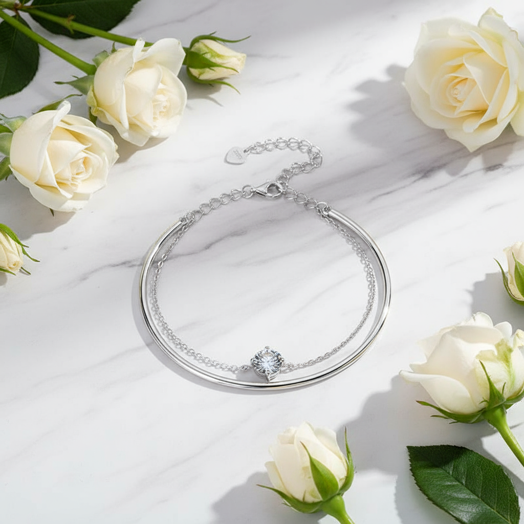 Twin Moissanite & Sterling Silver Bracelet – Double Design, K Gold or K Platinum Luxury Finish - Eterna