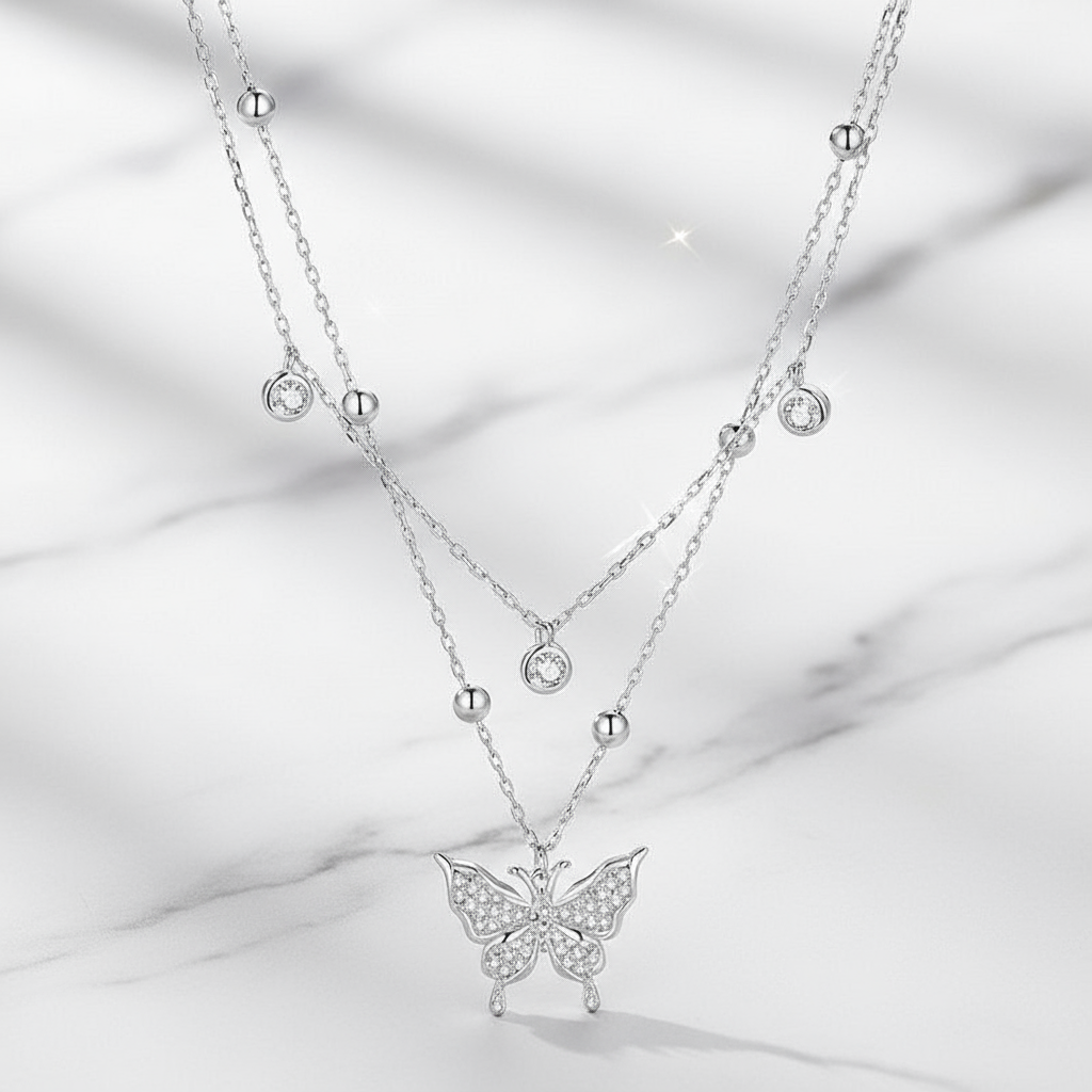 Double-Layer Butterfly Fringe Necklace – Silver, Light Luxury, Layered Design - Eterna