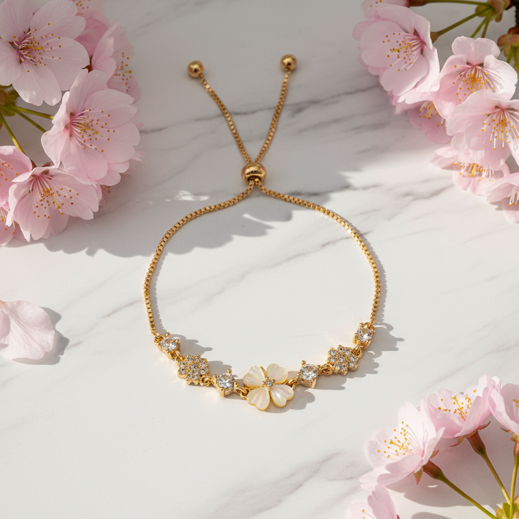 Gold-Plated Cat's Eye Flower Bracelet – Adjustable Petal Charm Jewelry - Eterna