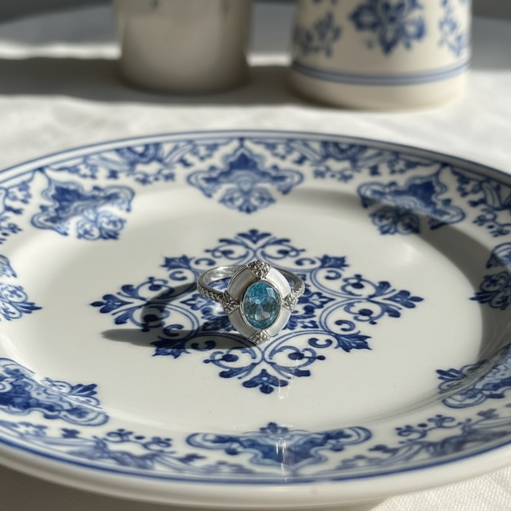 Artistic Retro Aquamarine Oval Ring – S925 Sterling Silver White Gold Finish with White Shell | Women's Geometric Statement Jewelry - Eterna