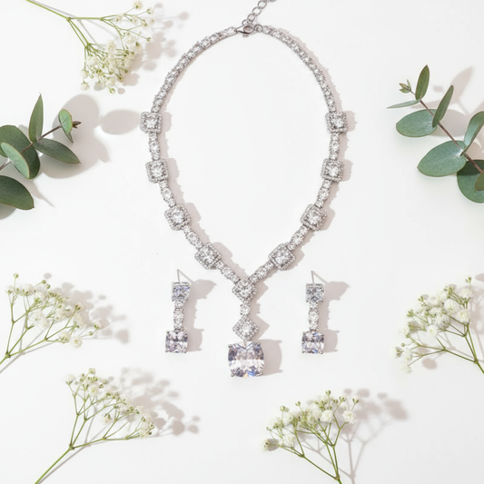 Bridal Necklace & Earrings Set – Sparkling Zircon Stones, Elegant Wedding Jewelry - Eterna