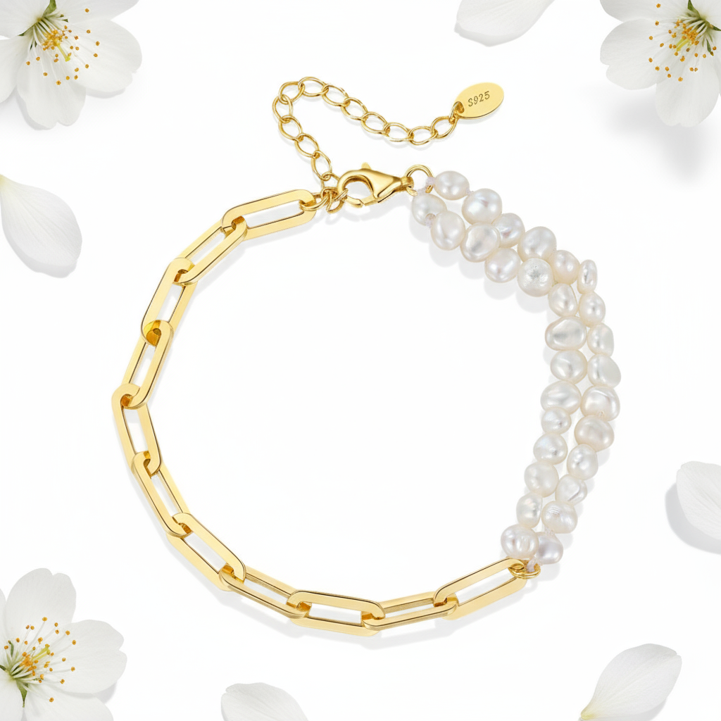 Natural Water Pearl & Sterling Silver Bracelet – 14K Gold or Platinum Finish, Geometric Elegance - Eterna