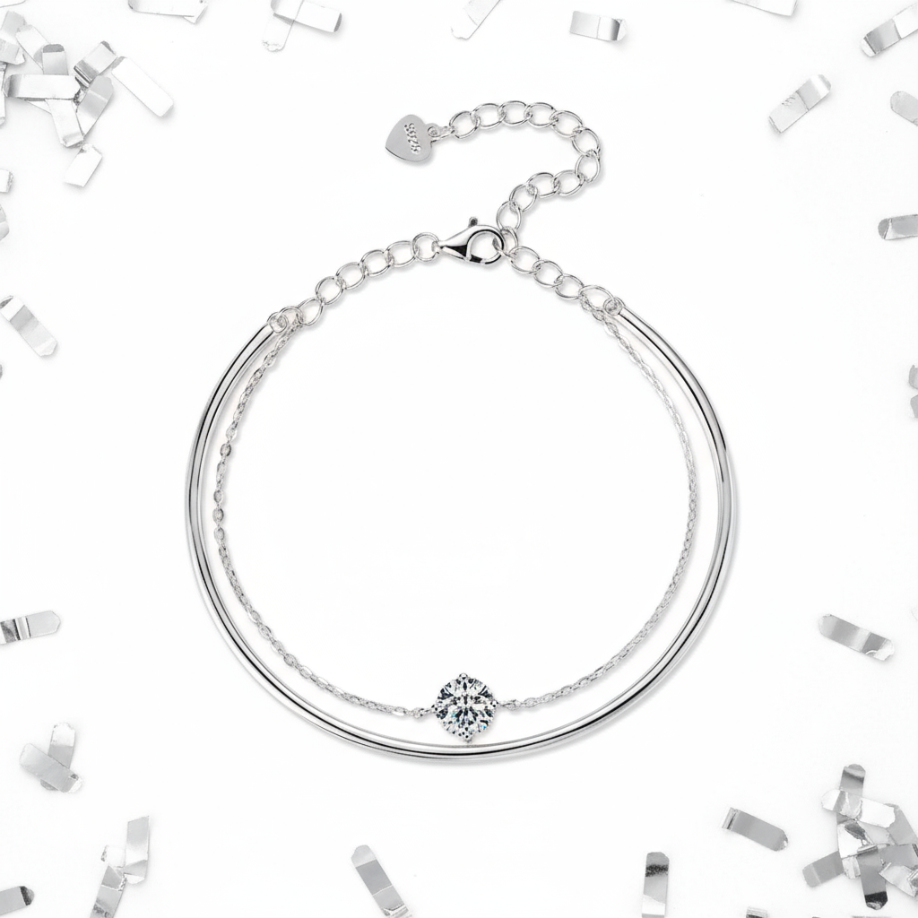 Twin Moissanite & Sterling Silver Bracelet – Double Design, K Gold or K Platinum Luxury Finish - Eterna