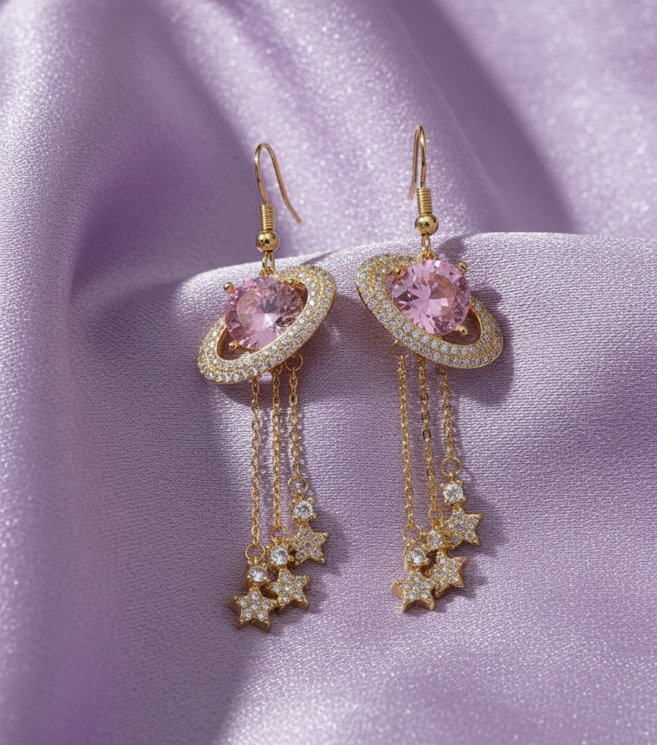 Exquisite Saturn Long Earrings – Celestial Universe Design, White Stones, Alloy, Multiple Styles - Eterna