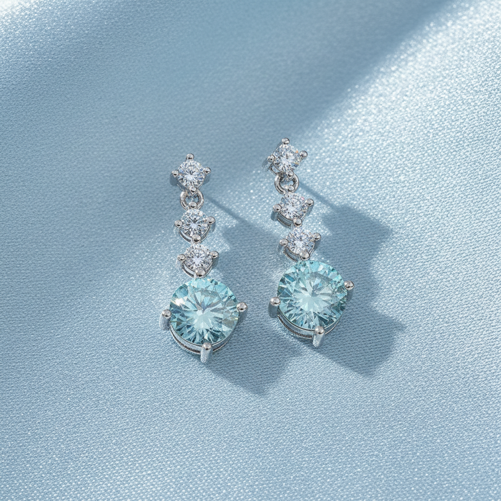 Blue Moissanite Stud Earrings – 6.5mm, Sterling Silver Setting, Vibrant Faceted Brilliance - Eterna