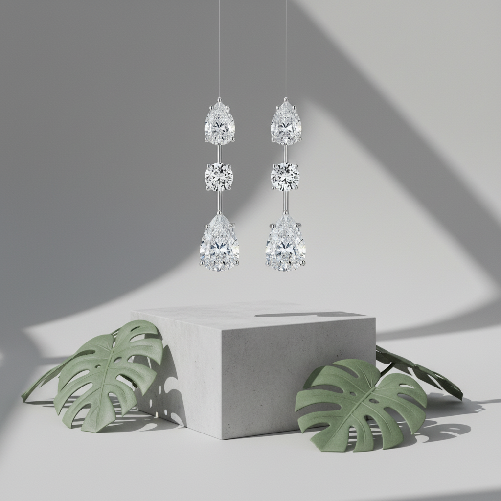 Pear & Round Cut Moissanite Dangle Earrings in Sterling Silver - Eterna