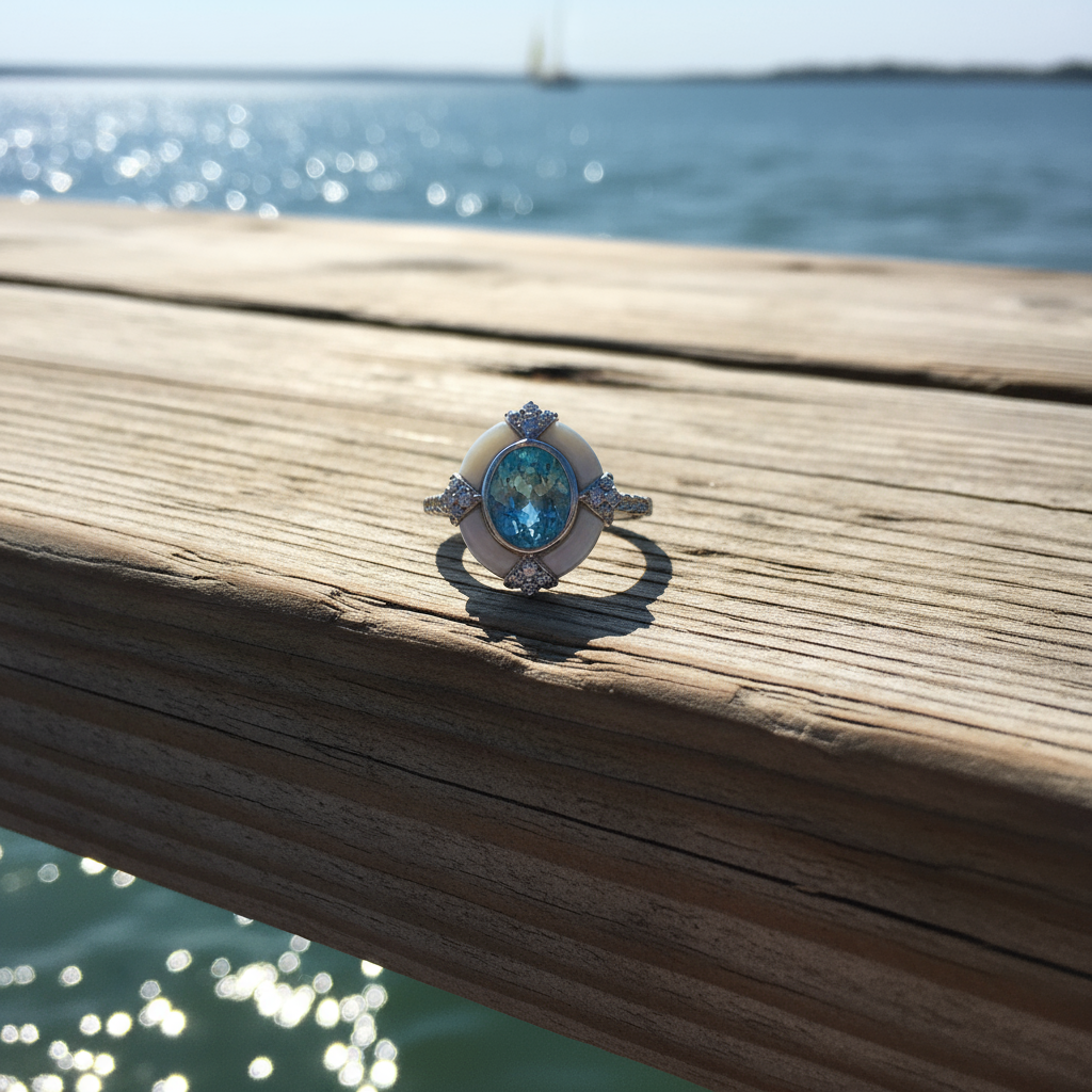 Artistic Retro Aquamarine Oval Ring – S925 Sterling Silver White Gold Finish with White Shell | Women's Geometric Statement Jewelry - Eterna