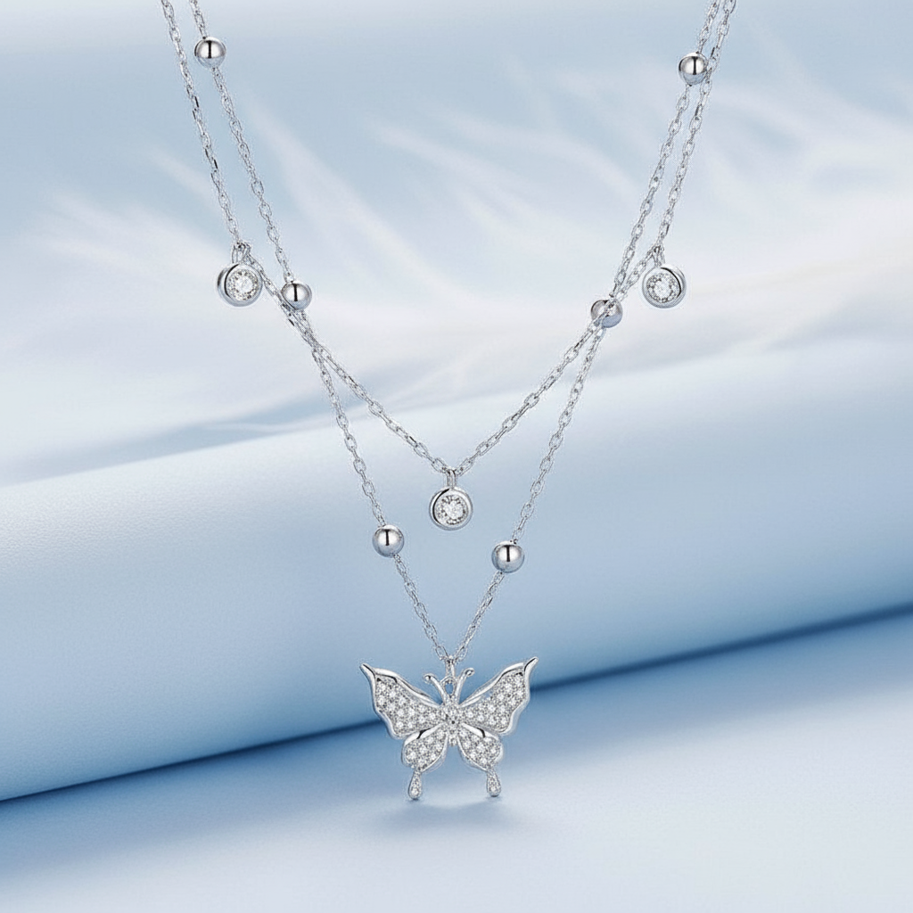 Double-Layer Butterfly Fringe Necklace – Silver, Light Luxury, Layered Design - Eterna