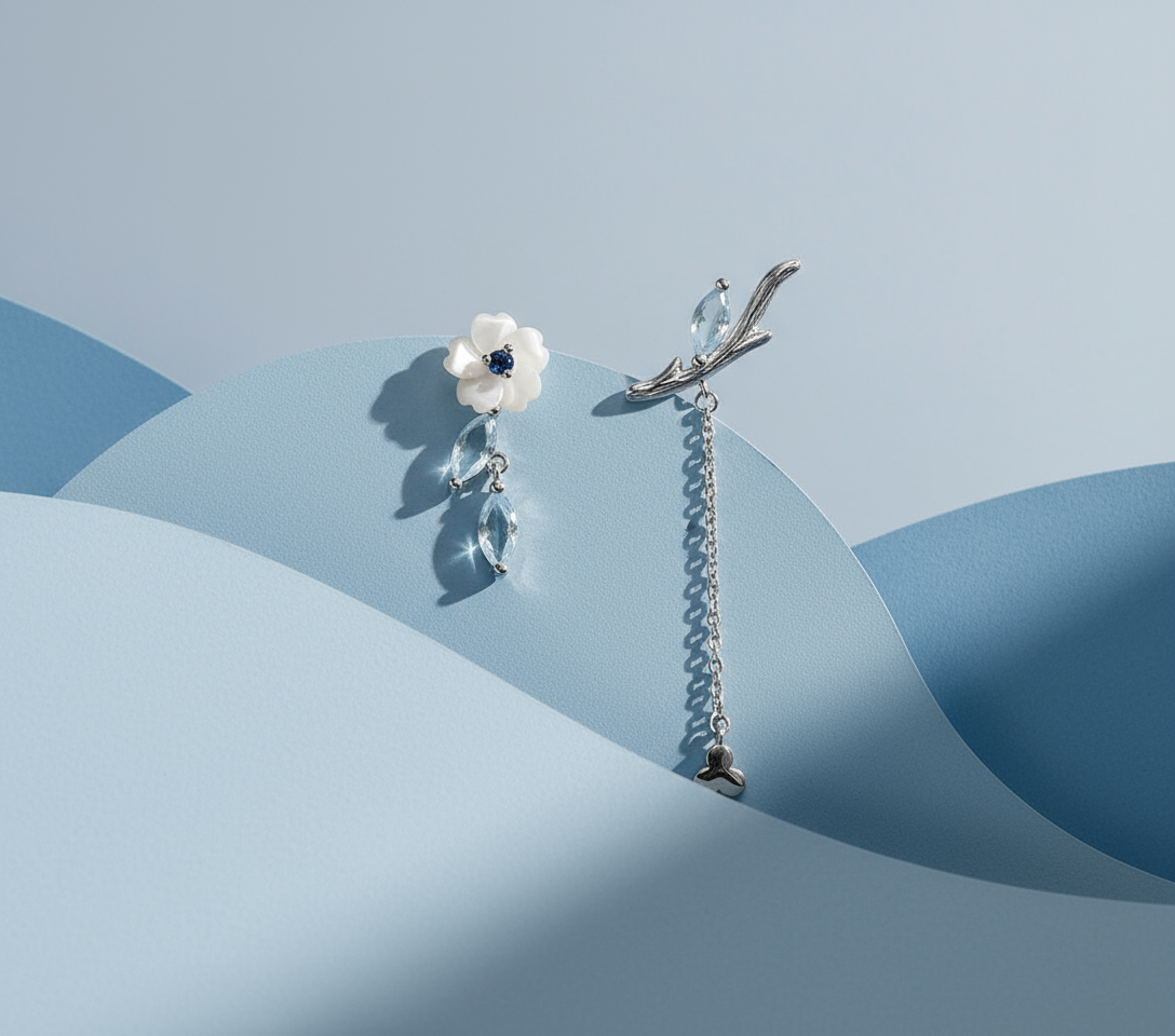 Jasmine Flower Chain Earrings – Platinum-Plated, White Shell & Blue Zircon, Thaya Design - Eterna