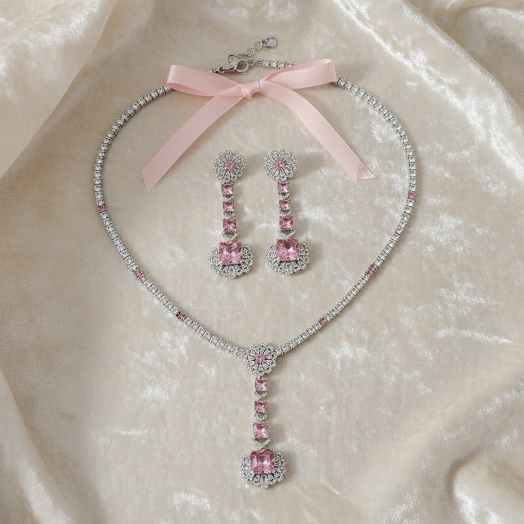 Luxury Zircon Flower Jewelry Set – Pendant Necklace & Earrings, Four Colors, Elegant Gift Set - Eterna