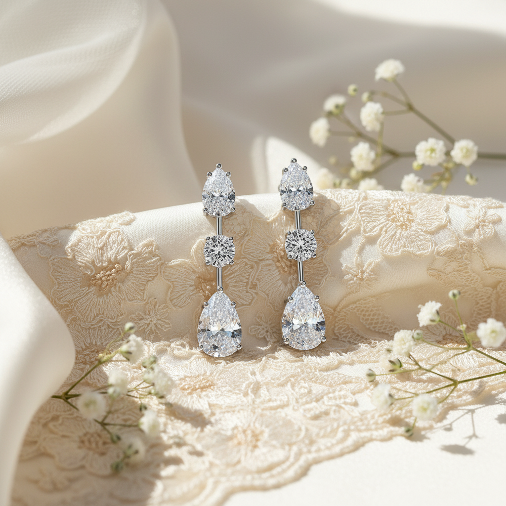 Pear & Round Cut Moissanite Dangle Earrings in Sterling Silver - Eterna