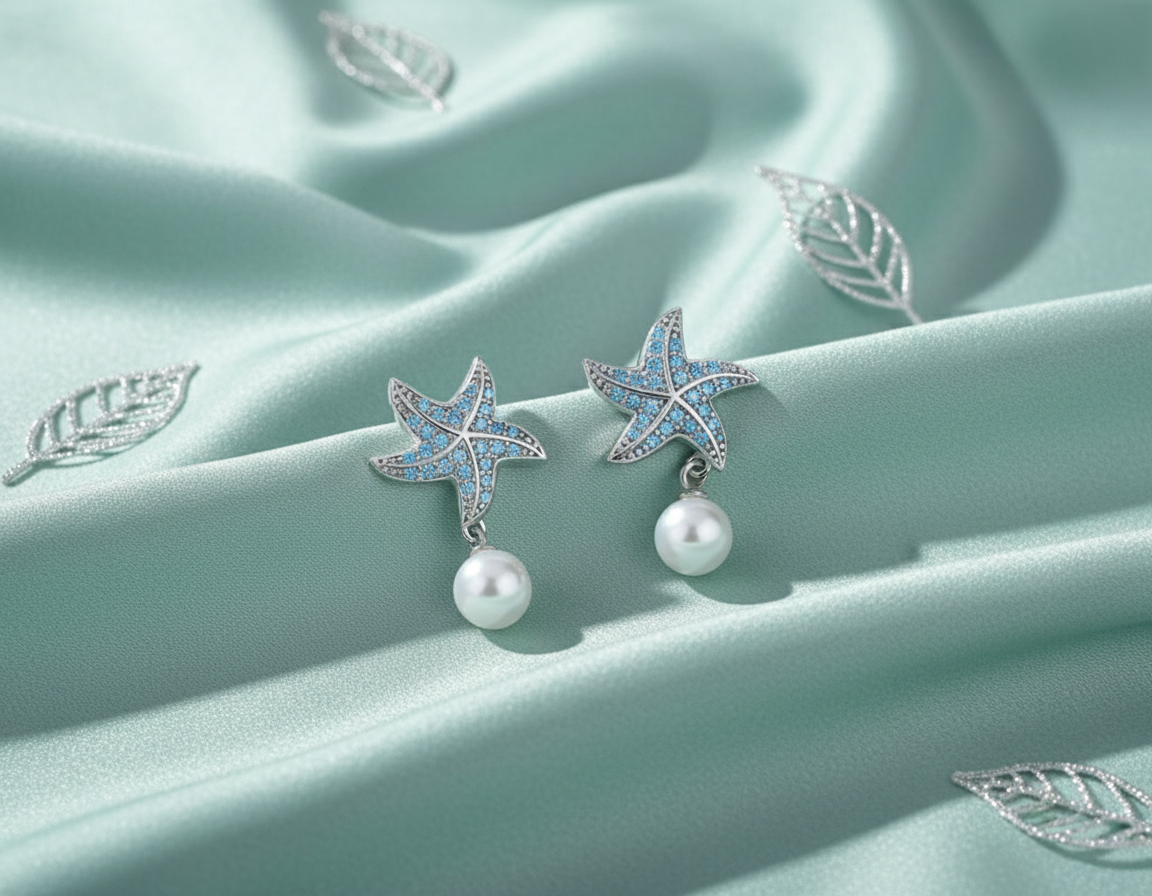 Ocean Starfish Pearl Earrings – 925 Sterling Silver, Platinum-Plated, Blue Zircon & Pearl Accents - Eterna