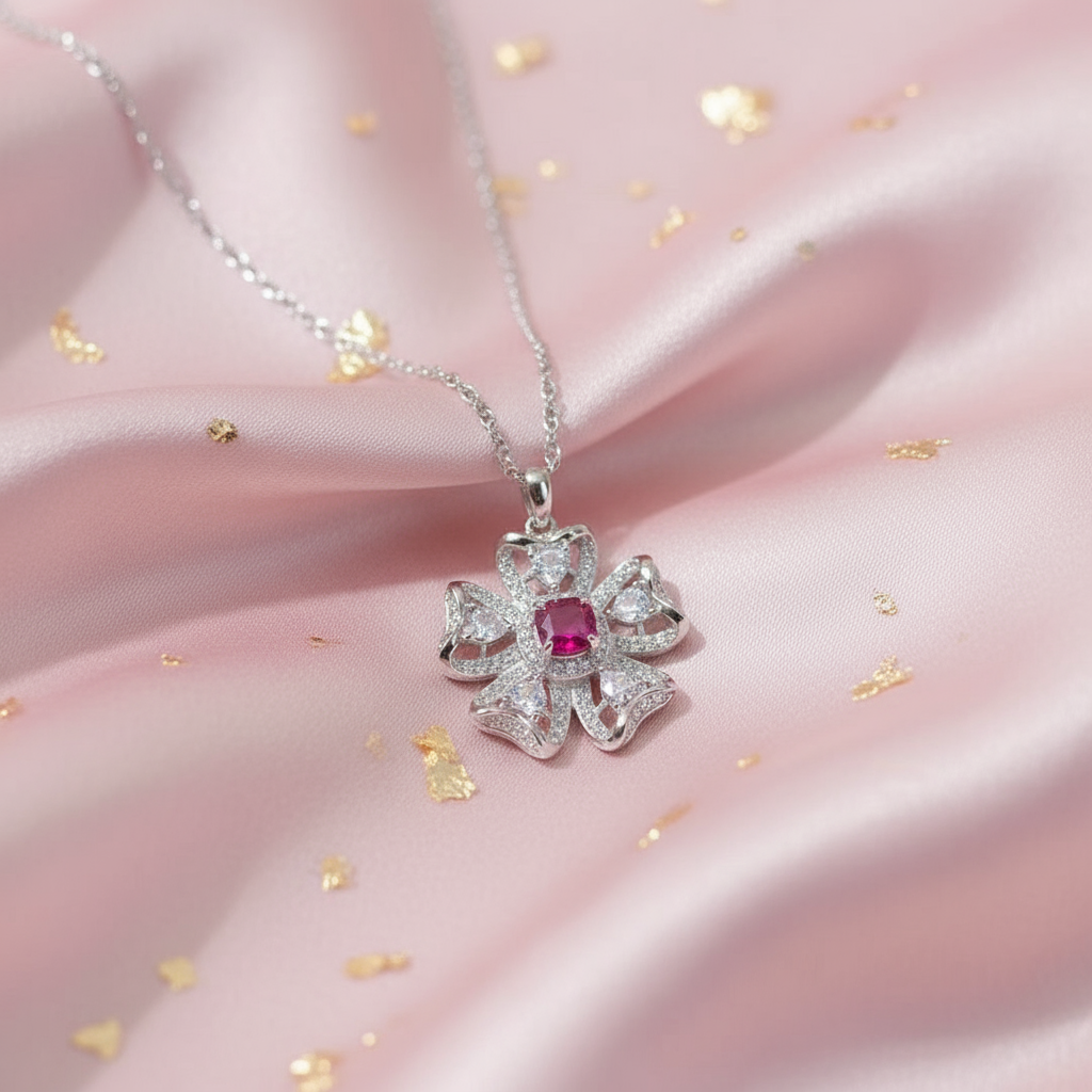 Red Square Pendant Necklace – Sterling Silver, Synthetic Ruby, Minimalist Classic - Eterna