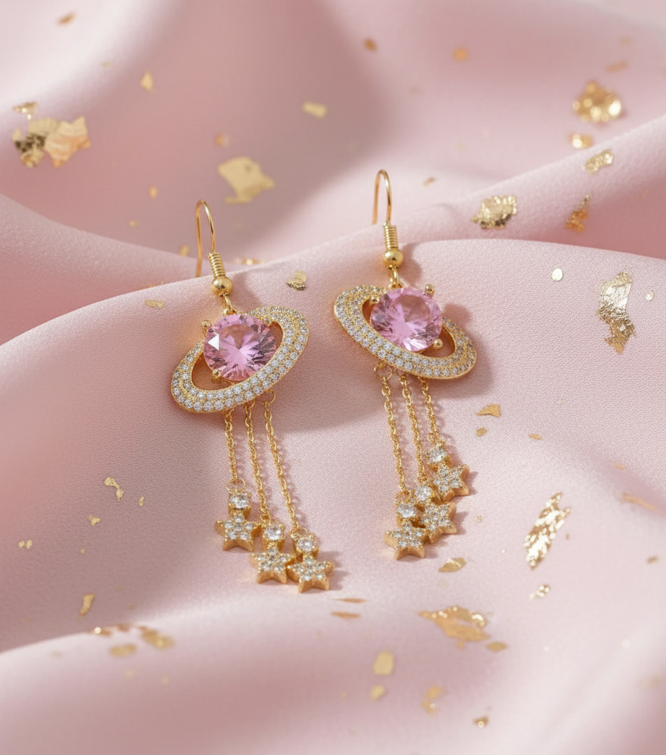 Exquisite Saturn Long Earrings – Celestial Universe Design, White Stones, Alloy, Multiple Styles - Eterna