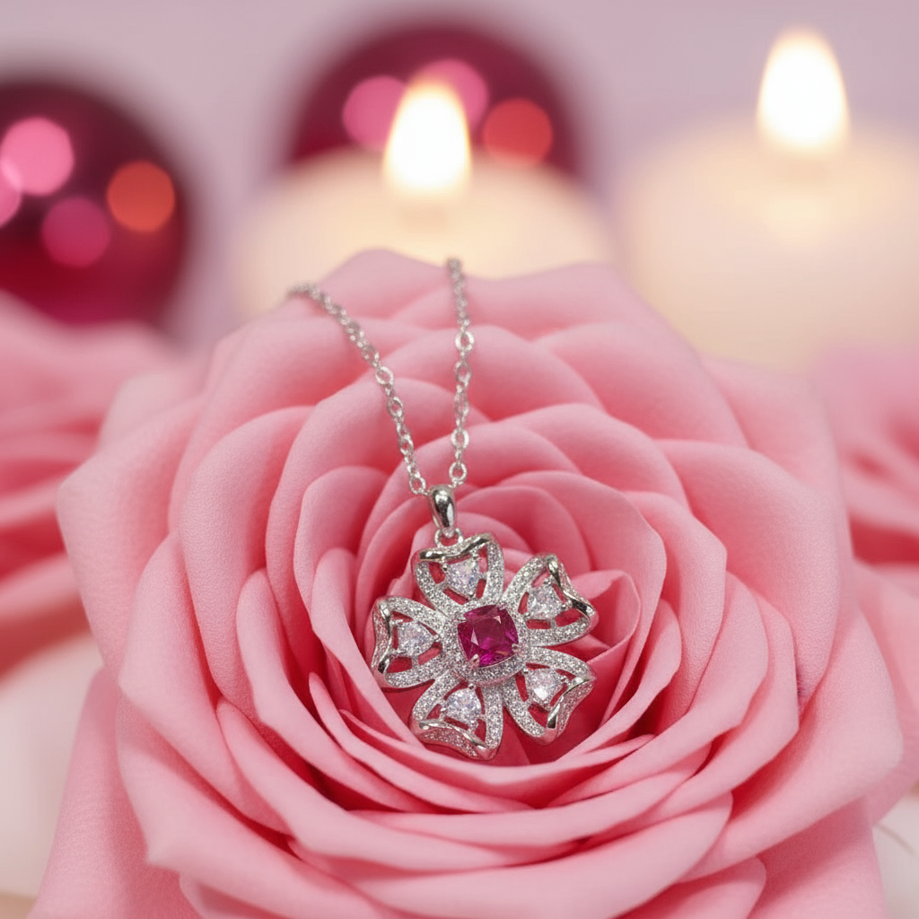 Red Square Pendant Necklace – Sterling Silver, Synthetic Ruby, Minimalist Classic - Eterna