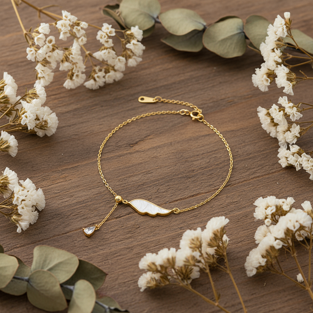 Fine S925 Sterling Silver Link Chain Bracelet – Light Beads, White Shell, Wings & Tassel, Silver or Gold Finish - Eterna