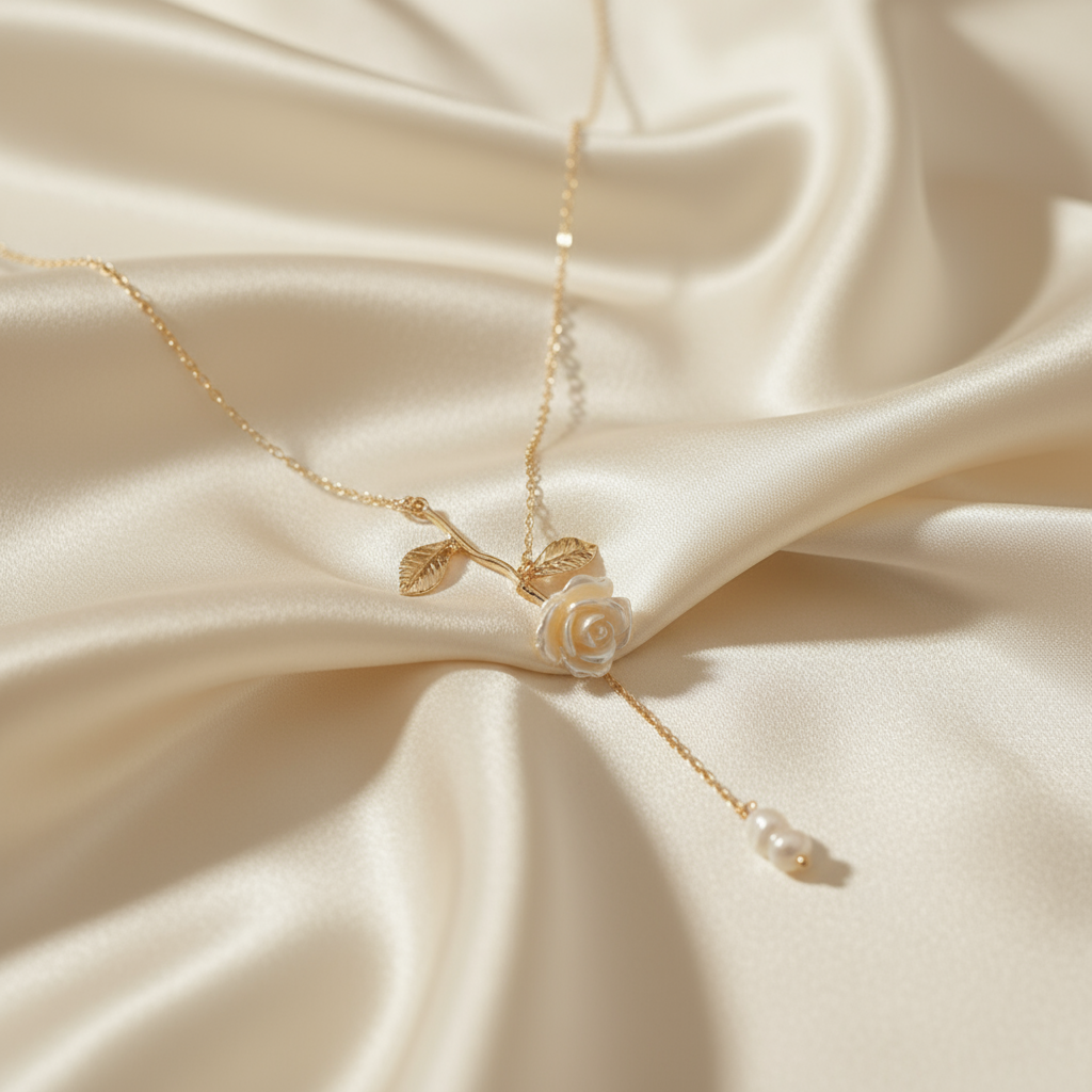 French Vintage Rose Flower Necklace – Gold-Plated 925 Silver, Resin & Shell, Romantic Boutique Style - Eterna