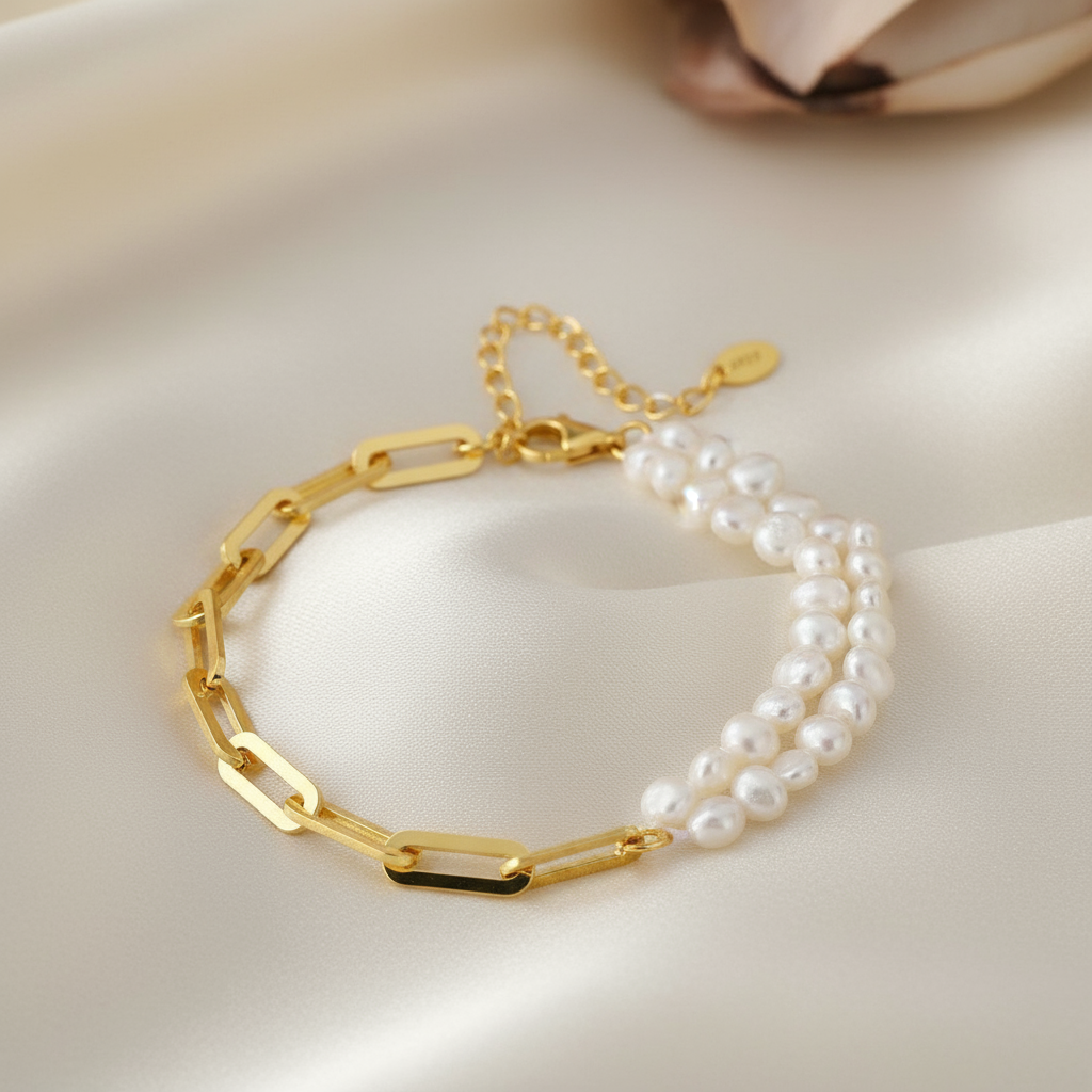 Natural Water Pearl & Sterling Silver Bracelet – 14K Gold or Platinum Finish, Geometric Elegance - Eterna