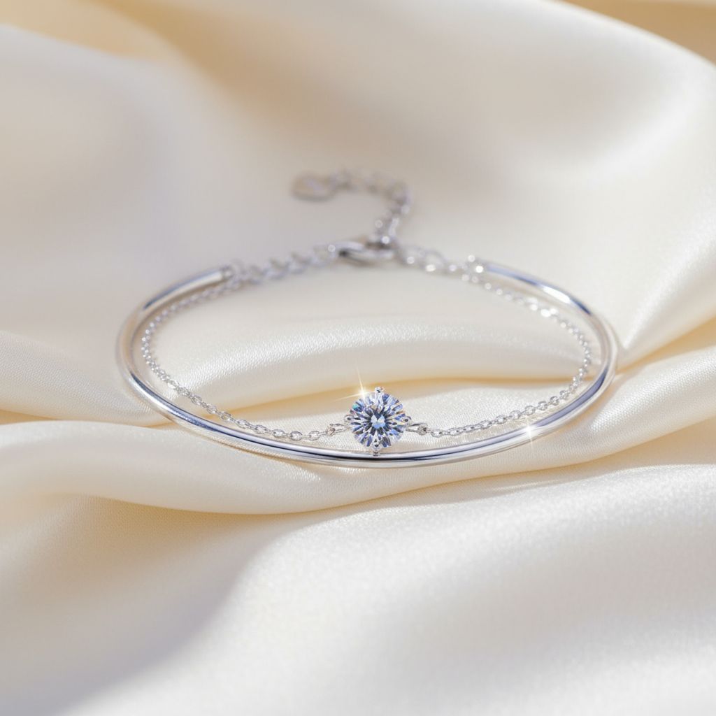 Twin Moissanite & Sterling Silver Bracelet – Double Design, K Gold or K Platinum Luxury Finish - Eterna