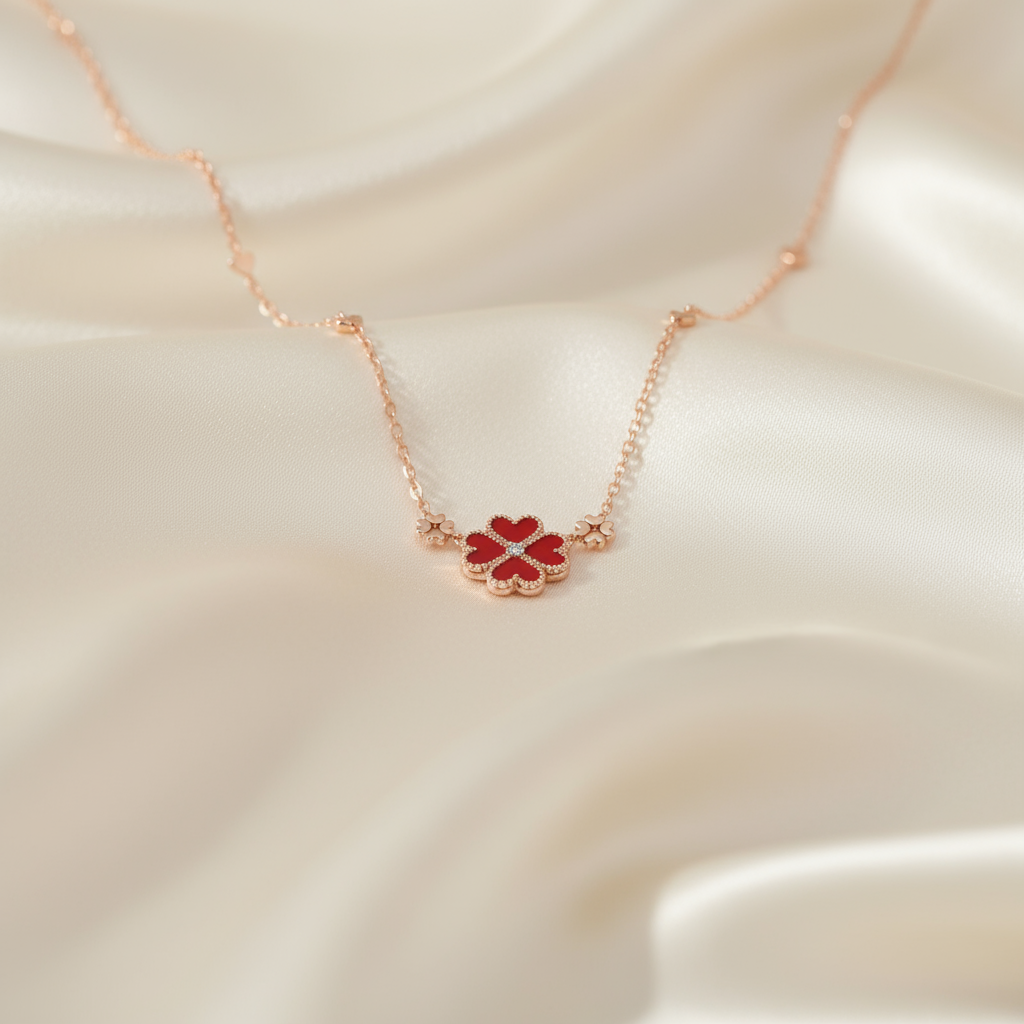 Red Turquoise Clover Necklace – Rose Gold Plated Alloy, Adjustable Cross Chain, Luxury Statement - Eterna