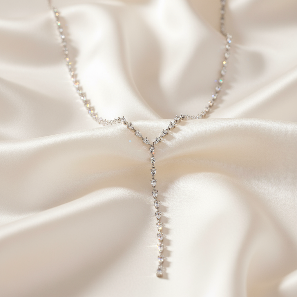 18K Gold-Plated Water Drop Zircon Tassel Necklace – Y-Shaped, French Retro Style - Eterna