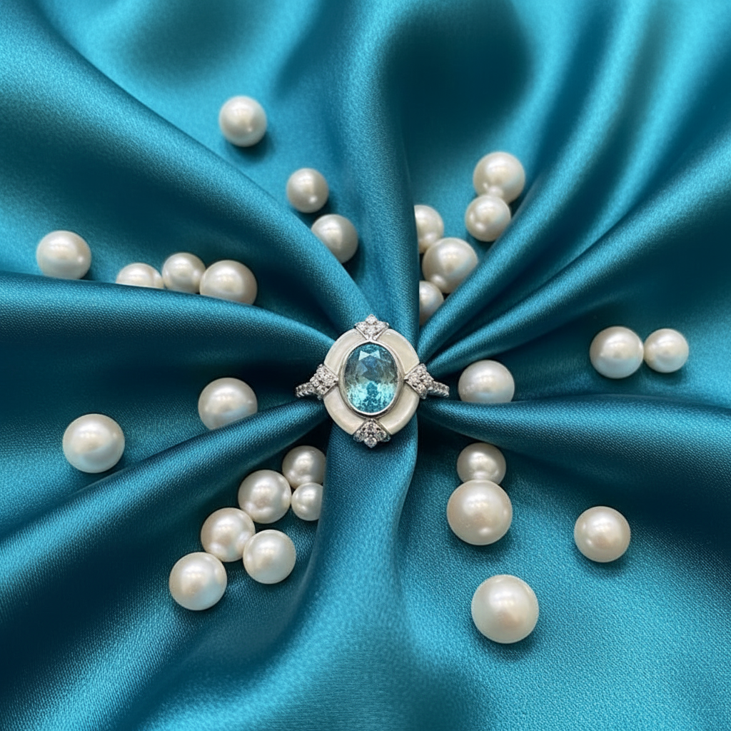 Artistic Retro Aquamarine Oval Ring – S925 Sterling Silver White Gold Finish with White Shell | Women's Geometric Statement Jewelry - Eterna