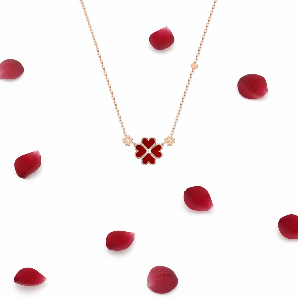 Red Turquoise Clover Necklace – Rose Gold Plated Alloy, Adjustable Cross Chain, Luxury Statement - Eterna