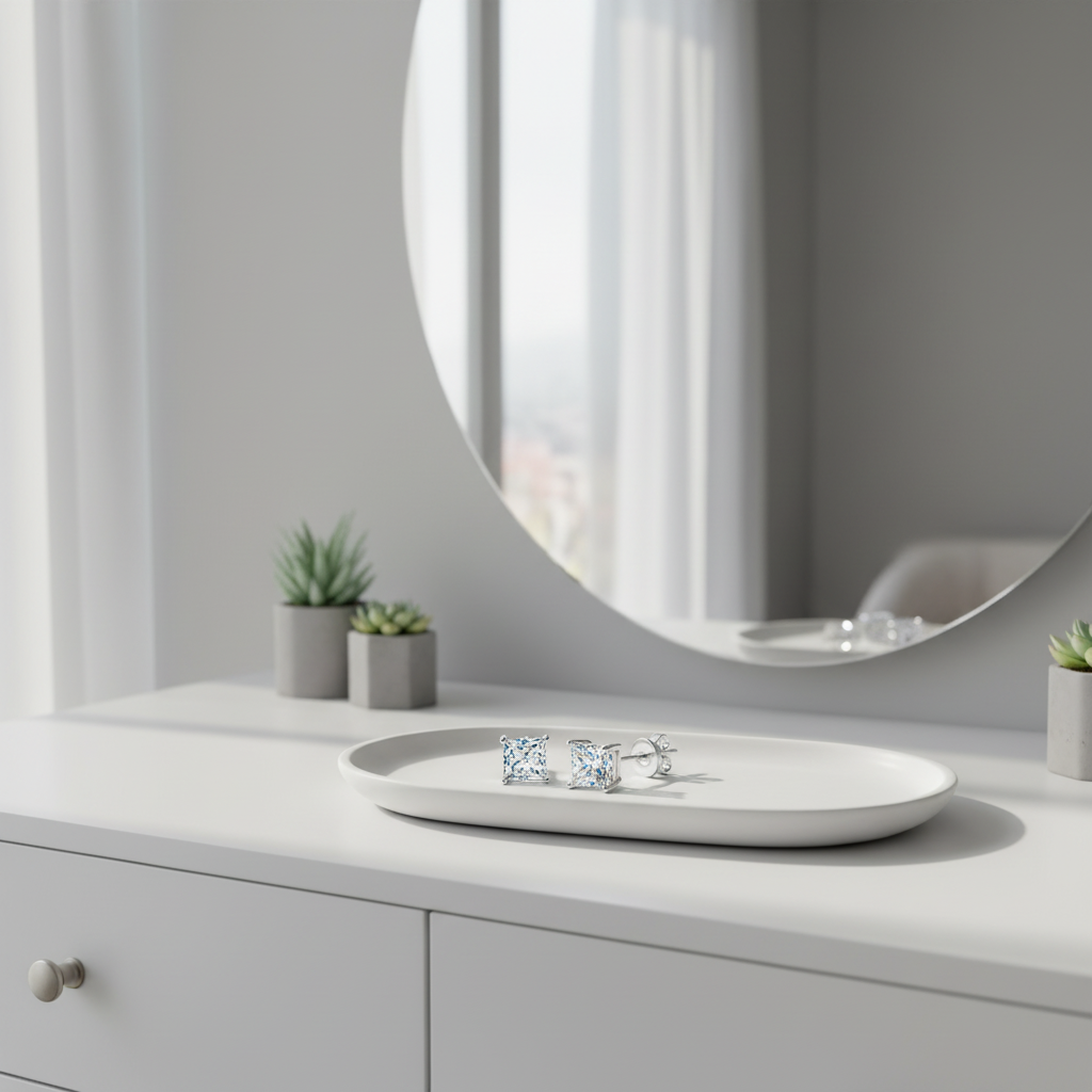 Princess Cut Moissanite Stud Earrings – 0.5ct Total, White Gold-Plated Base Metal, Simple Elegant Design - Eterna