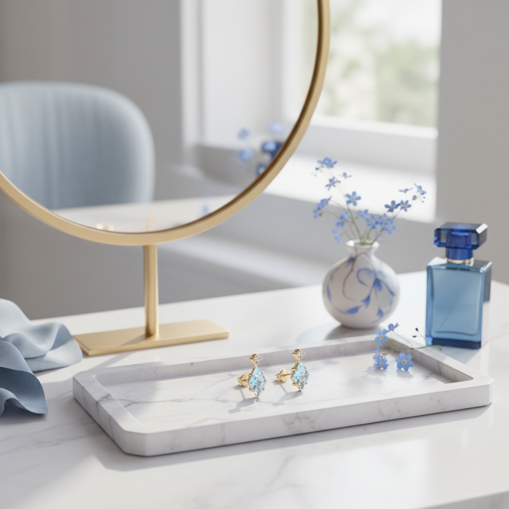 Sky Blue Topaz Stud Earrings – Silver Setting, Geometric Drop Design, Modern Minimalist - Eterna