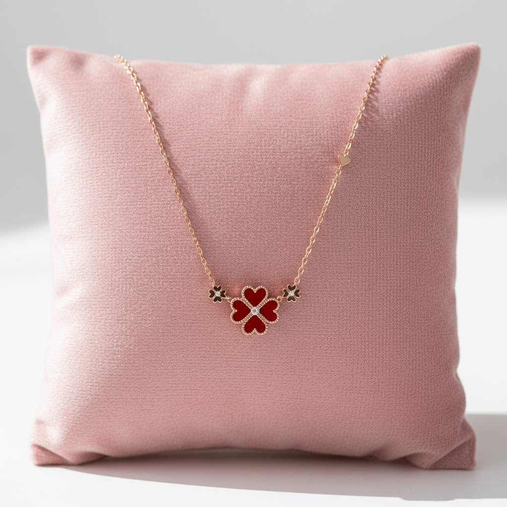 Red Turquoise Clover Necklace – Rose Gold Plated Alloy, Adjustable Cross Chain, Luxury Statement - Eterna