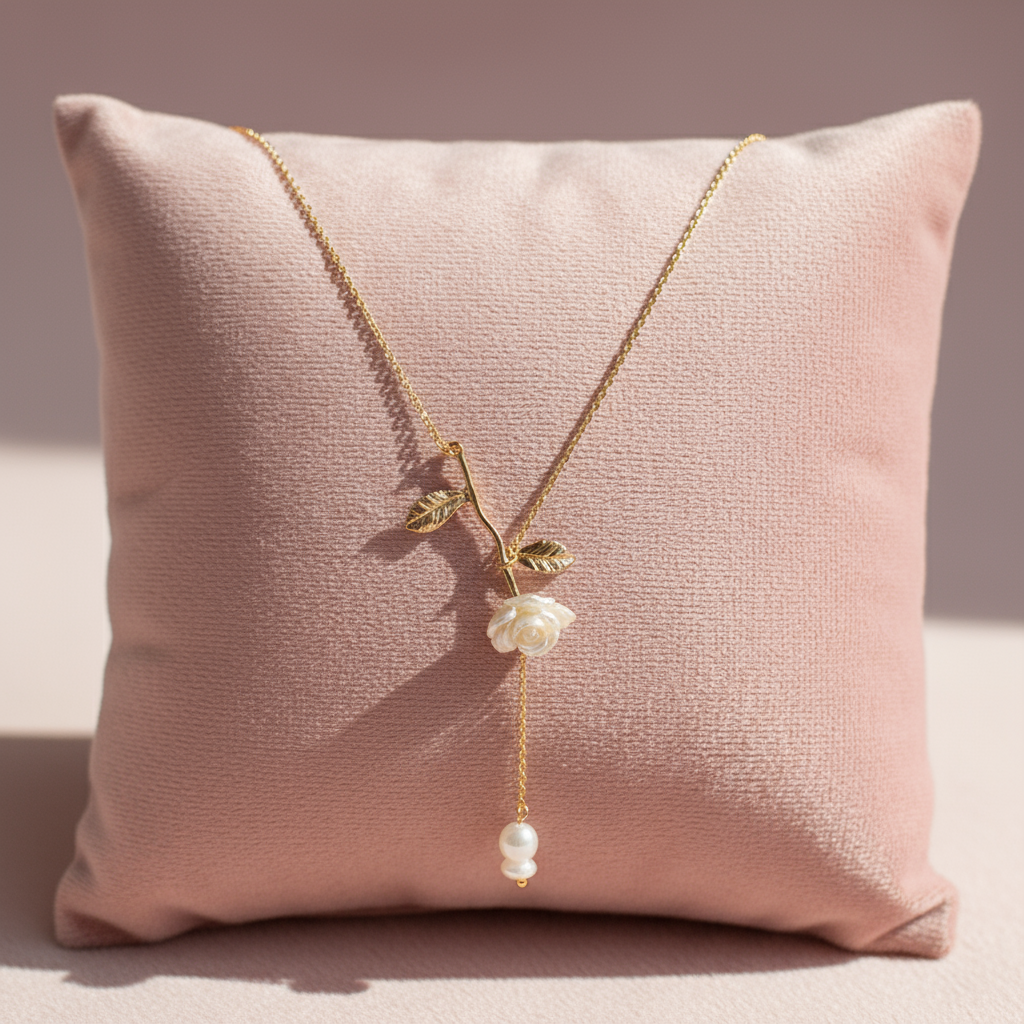 French Vintage Rose Flower Necklace – Gold-Plated 925 Silver, Resin & Shell, Romantic Boutique Style - Eterna
