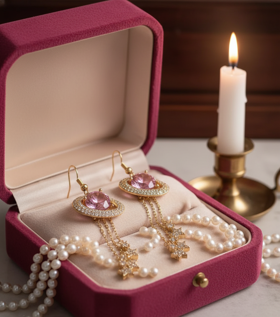 Exquisite Saturn Long Earrings – Celestial Universe Design, White Stones, Alloy, Multiple Styles - Eterna