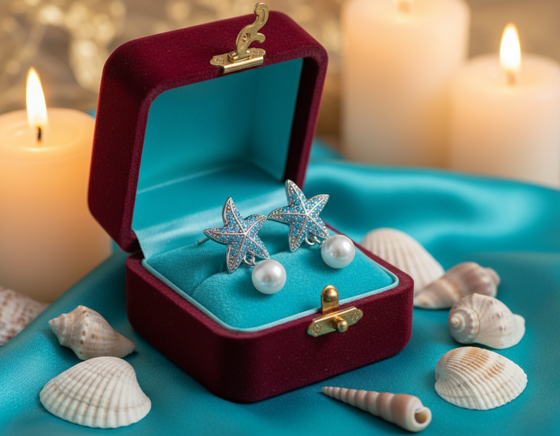 Ocean Starfish Pearl Earrings – 925 Sterling Silver, Platinum-Plated, Blue Zircon & Pearl Accents - Eterna
