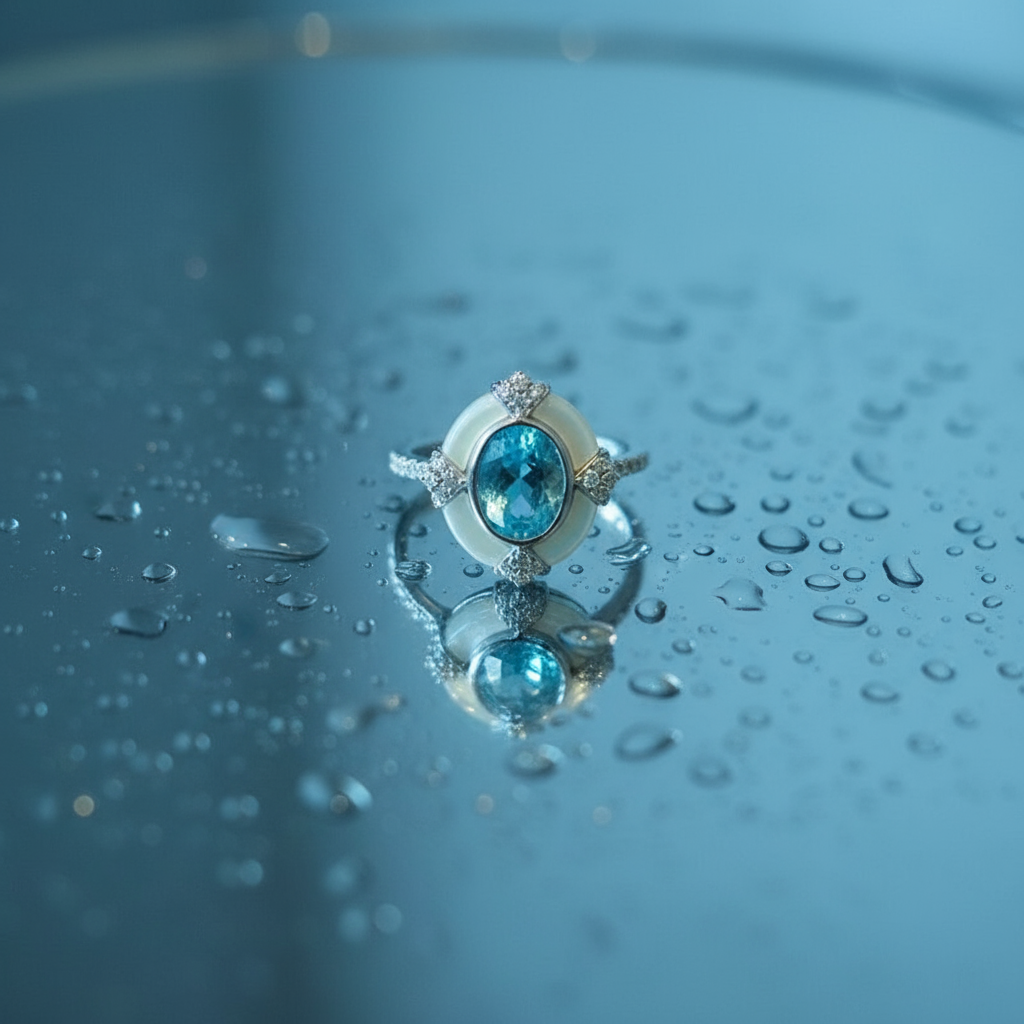 Artistic Retro Aquamarine Oval Ring – S925 Sterling Silver White Gold Finish with White Shell | Women's Geometric Statement Jewelry - Eterna