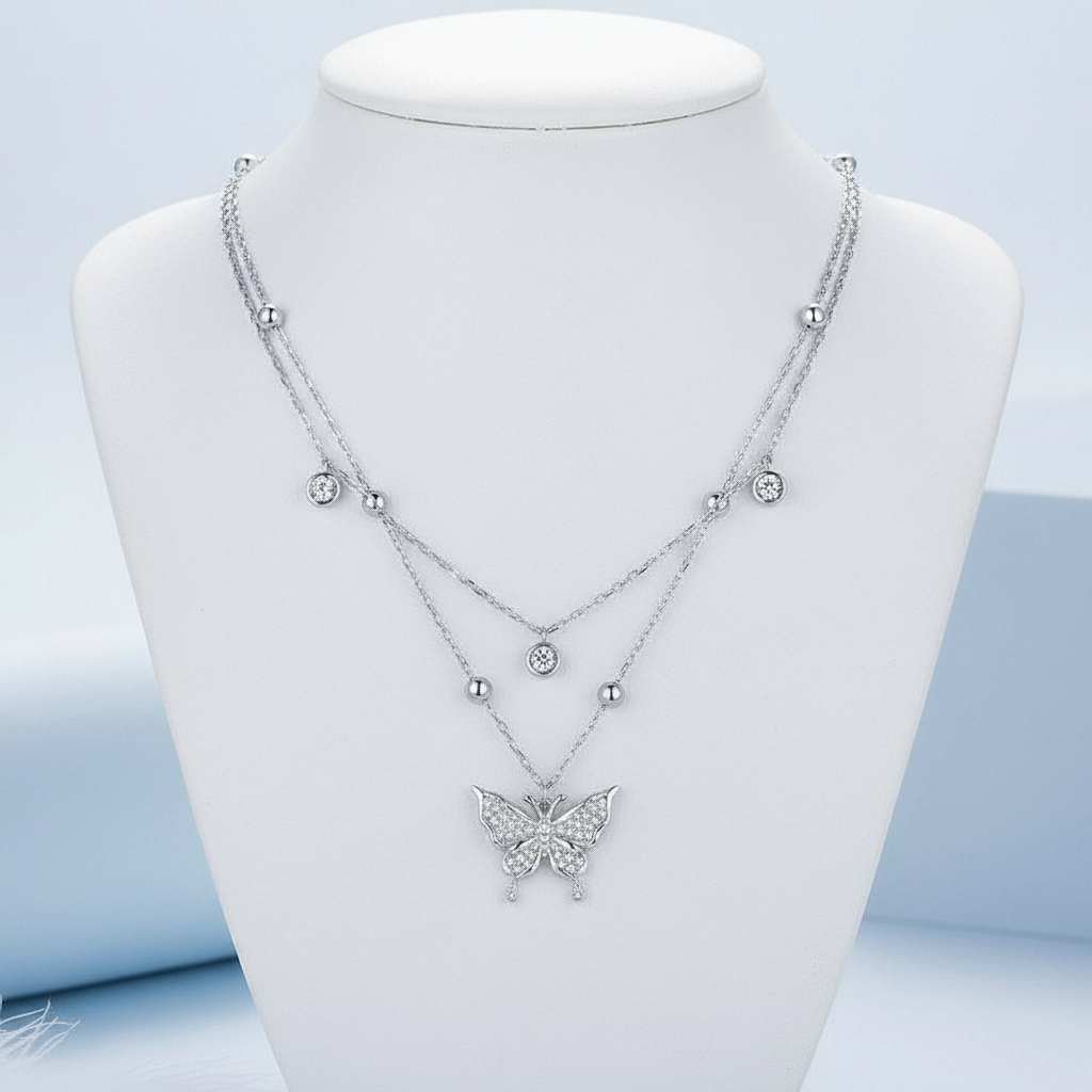 Double-Layer Butterfly Fringe Necklace – Silver, Light Luxury, Layered Design - Eterna