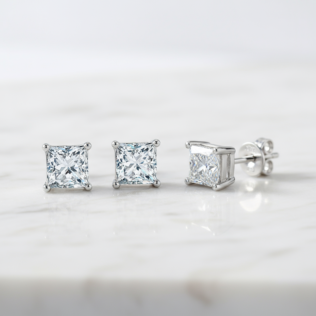 Princess Cut Moissanite Stud Earrings – 0.5ct Total, White Gold-Plated Base Metal, Simple Elegant Design - Eterna