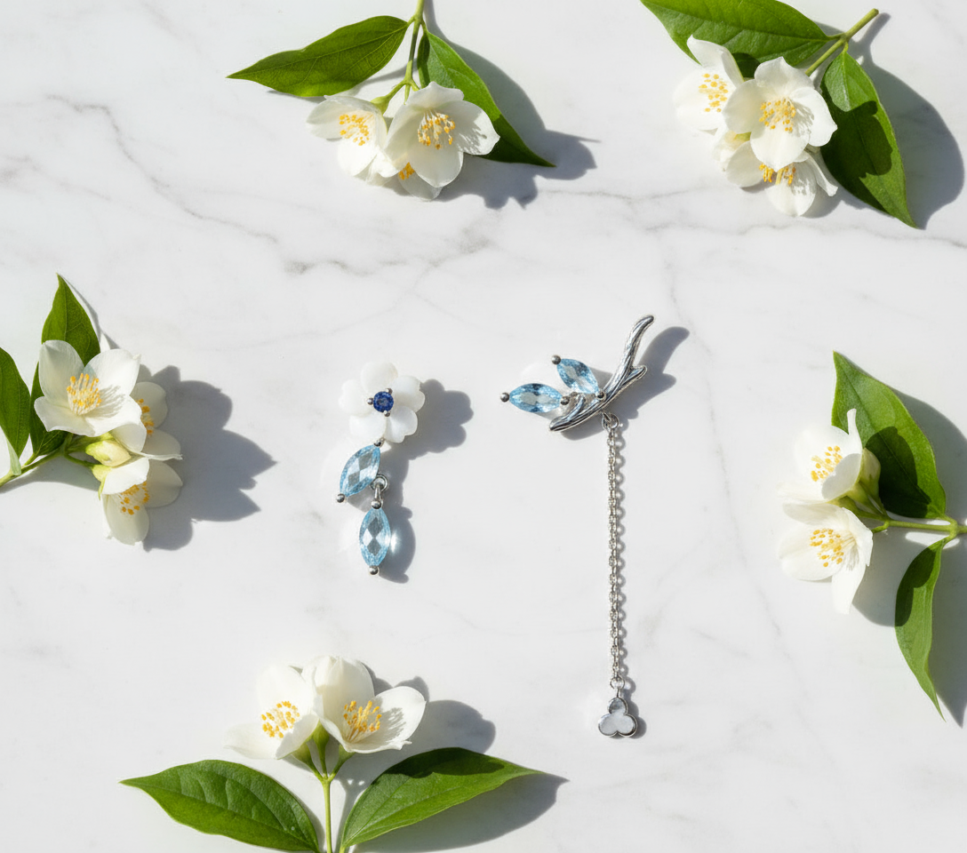 Jasmine Flower Chain Earrings – Platinum-Plated, White Shell & Blue Zircon, Thaya Design - Eterna