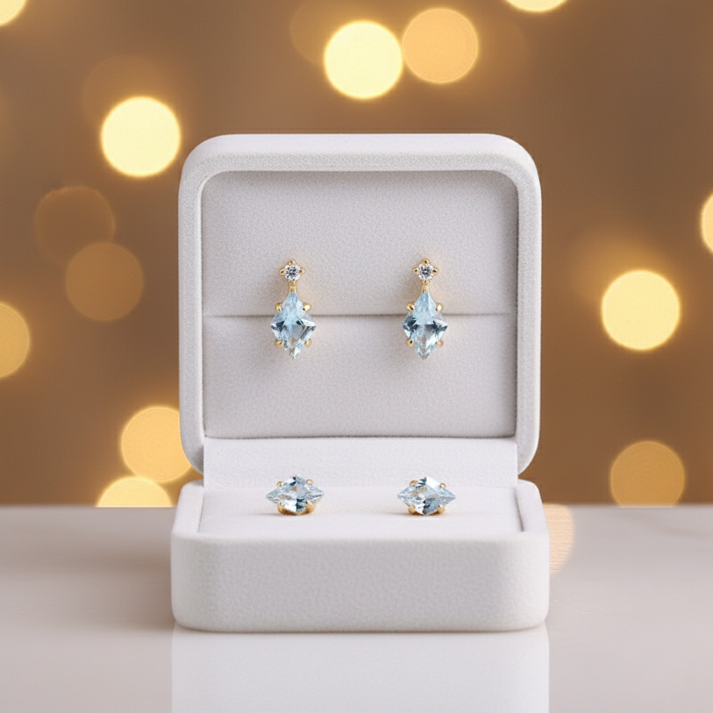 Sky Blue Topaz Stud Earrings – Silver Setting, Geometric Drop Design, Modern Minimalist - Eterna